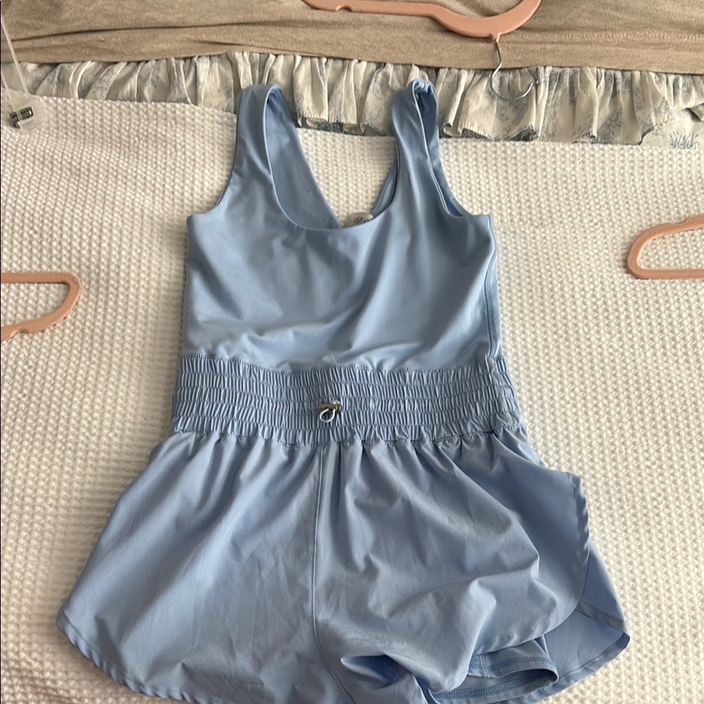 Blue Jumpsuit with Sweetheart Neckline and Flowy Shorts